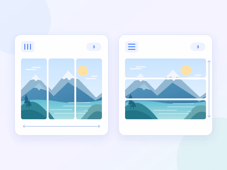 A panorama divided into three vertical panels, with a second example divided into horizontal rows.